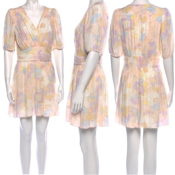 BA&SH Noam Dress Pastel Floral Short Sleeve Faux Wrap Mini Swing Dress Size Med - Picture 7 of 10